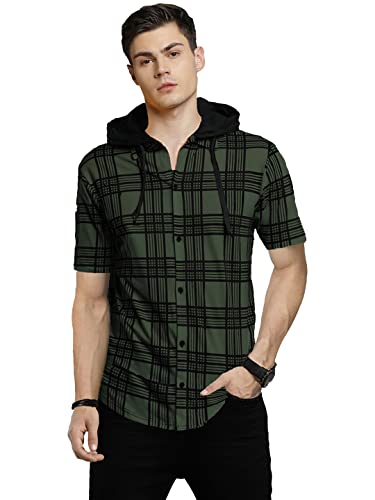 LEWEL Men's Hooded Stylish Checkered Half Sleeve Shirt Olive