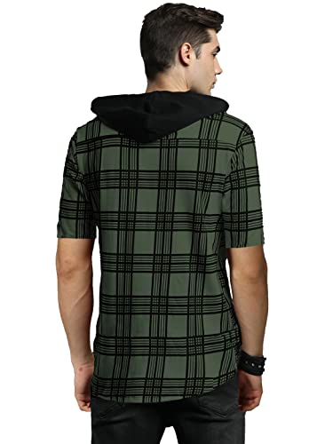 LEWEL Men's Hooded Stylish Checkered Half Sleeve Shirt Olive