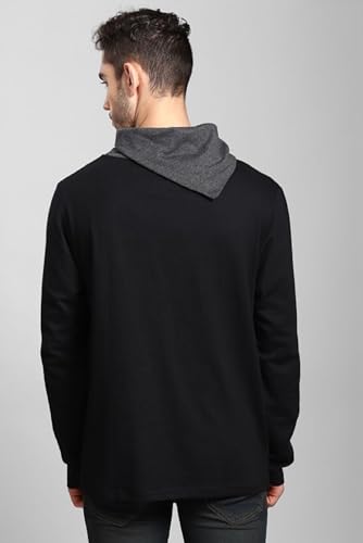 LEOTUDE Men Cottonblend Full Sleeve Muffler Neck Solid Black T-Shirt