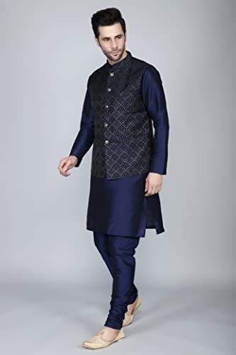 Ethluxis® Men's Silk Blend Kurta Churidar Pyjama with Ethnic Bundi Jacket Set