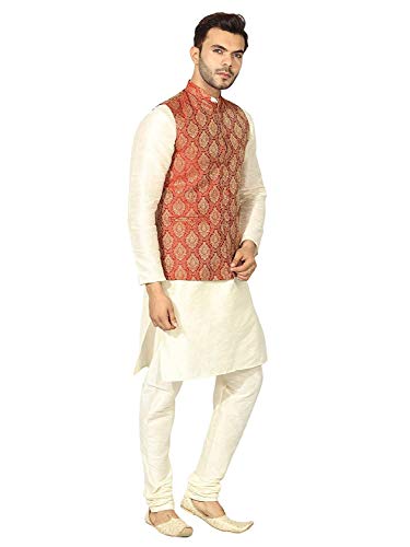 Uri and MacKenzie Men's Silk Blend Regular Kurta Churidar Pyjama with Bundi Nehru Jacket/Waistcoat
