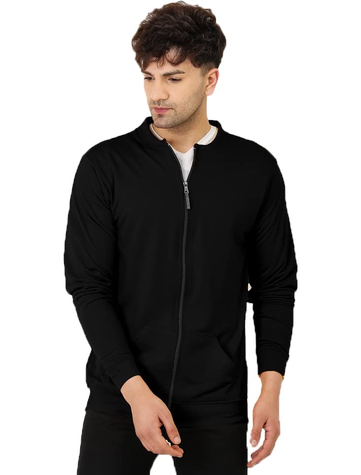 LEOTUDE CASUAL JACKET For Men's Loopknit Regular Fit Full Sleeve Zipper Bomber Jacket for men (Color: Black)