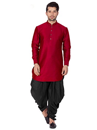VASTRAMAY Mens Silk Blend Kurta And Dhoti Set - Classic Ethnic Attire| Curved Shape Pathani Style Men's Mid Length Full Sleeves Mandarin Collar Kurta With Cowl Style Patiala Dhoti Pant Set
