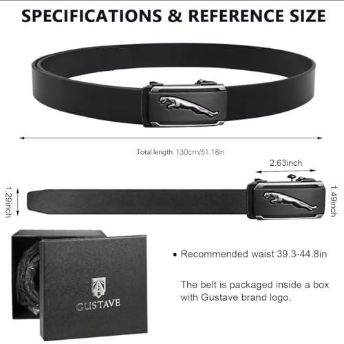 GUSTAVE® Waist Belts for Men Fashion Black Mens Belt Slide Lock Leather Belt for Men, with Click Buckle - 130cm Length, Free Adjustable, No Belt Hole