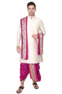 Rameshwaram Fabrics Men's Indian Traditional Wedding Dress, Readymade Dhoti with Sherwani Style Kurta - Stole