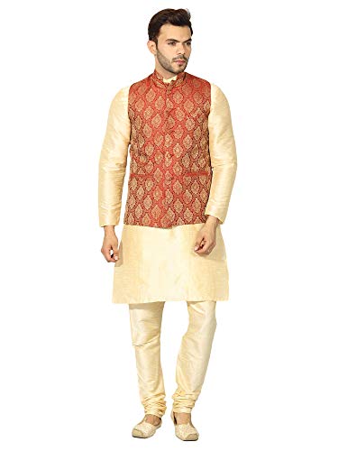 Uri and MacKenzie Men's Silk Blend Regular Kurta Churidar Pyjama with Bundi Nehru Jacket/Waistcoat