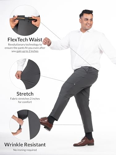 The Pant Project Stretchable Formal Pants for Plus Size Men | Stylish Slim Fit Luxury PV Lycra Men's Wear Trousers for Office or Party | Mens Fashion Dress Trouser Pant