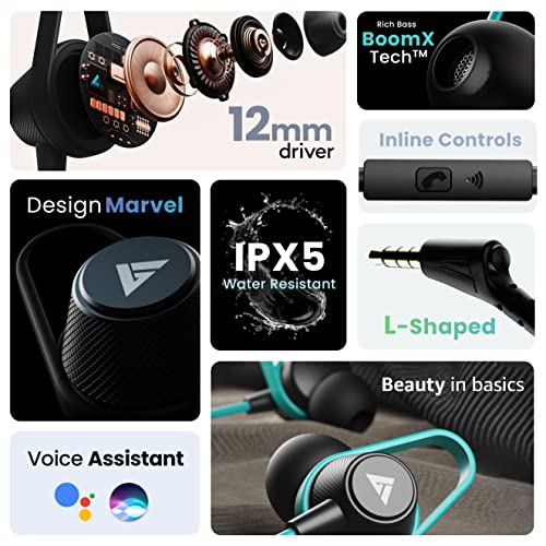 Boult Audio Bassbuds Loop 2 Wired in Ear Earphones with Mic, 10mm Powerful Driver for Extra Bass with Customizable Ear Loop (Black)