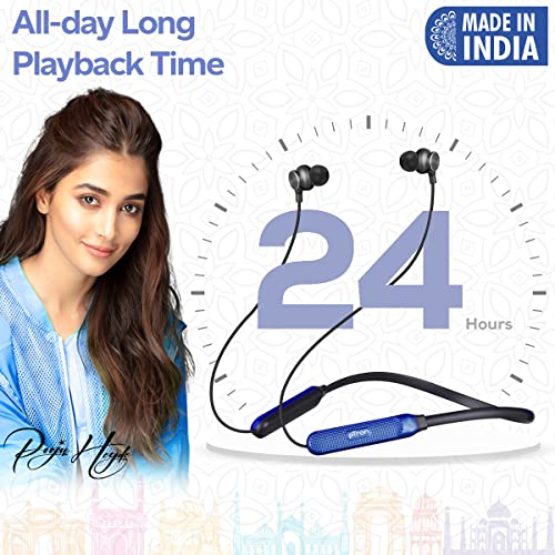 pTron Tangent Duo Made in India Bluetooth 5.2 Wireless in-Ear Headphones with Mic, 24Hrs Playback, 13mm Drivers, Punchy Bass, Fast Charging Neckband, Voice Assist, IPX4 & in-line Controls (Black/Blue)