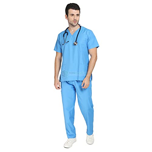 IS IndoSurgicals Unisex Scrub Suit OT Dress Set Comfortable Fit V-Neck Top and Cargo Type Trouser (42-XL, Blue) - Image 3