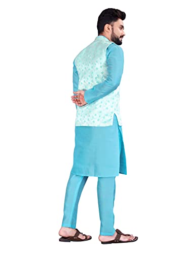 ZARAK FASHION Mens Sky Blue Dhupiyan Kurta Pyjama Set with Nehru Jacket Waistcoat