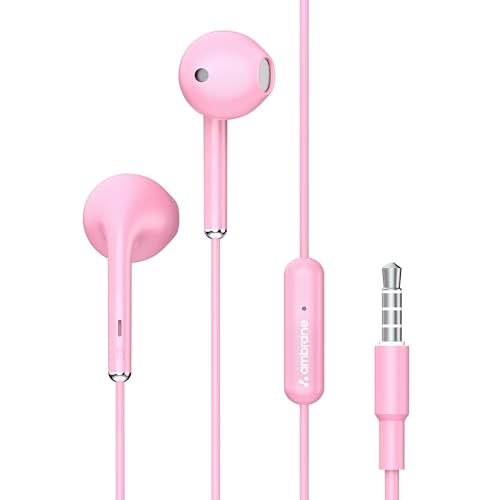Ambrane Wired in Ear Earphones with in-line Mic for Clear Calling, 14mm Dynamic Drivers for BoostedBass™, 3.5mm Jack, Multi-Functional Controller (Stringz 38 Lite, Pink)