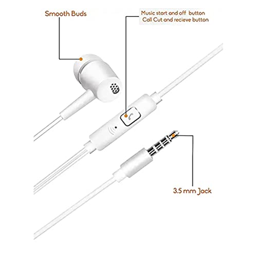 DVTECH� Powerful Bass Quality Earphones with Microphones Clear Sound Noise Isolating in Ear Headphones, Stereo Ear Lead for Cell Phones, Smartphones, Laptop,Tablet (White)