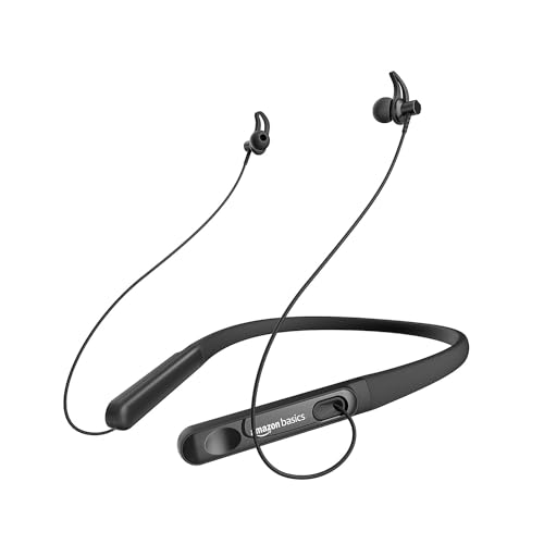 (Refurbished) Amazon Basics in-Ear Wireless Neckband with Mic, Up to 18 Hours Play Time, Bluetooth 5.1, Voice Assistance, Noise Cancellation, IPX4 Water-Resistance, Magnetic Earbuds (Black)