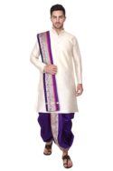 Rameshwaram Fabrics Men's Indian Traditional Wedding Dress, Readymade Dhoti with Sherwani Style Kurta - Stole