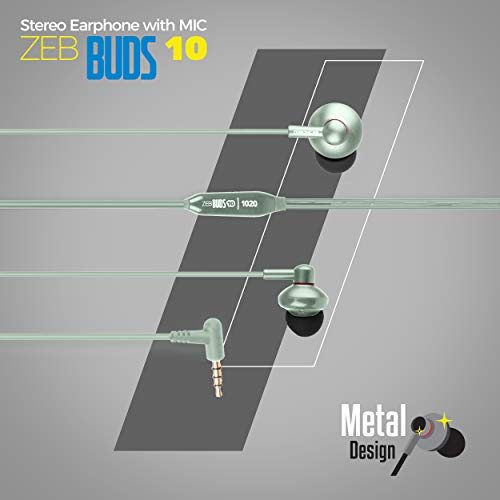 Zebronics Zeb-Buds 10 (Green) In Ear Wired Earphones with Mic, Metallic Design, L Shaped Connector, 13.5mm NdFeb Drivers