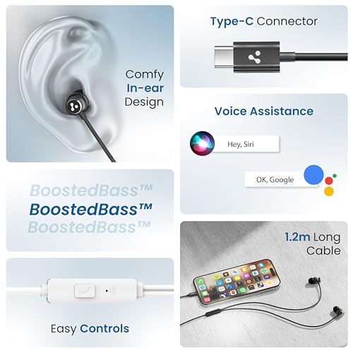 Ambrane Type-C Wired Earphones, 10mm Bass Drivers, Inline Controls for Type C Smartphones, iPhone 15 & Laptop, 1.2m Braided Anti Tangle Wire with Mic for Clear Calling (Stringz 03, Green)