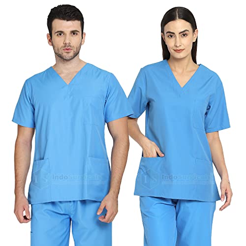 IS IndoSurgicals Unisex Scrub Suit OT Dress Set Comfortable Fit V-Neck Top and Cargo Type Trouser (42-XL, Blue)