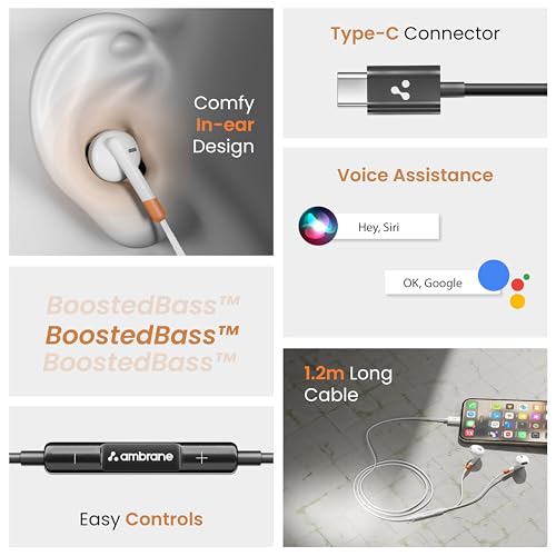 Ambrane Wired Type C in Ear Earphones with in-line Mic for Clear Calling, 1.2M Cable, 14mm Dynamic Drivers for BoostedBass, Multi-Functional Controller for Type C Enabled Mobiles (Stringz 02, White)