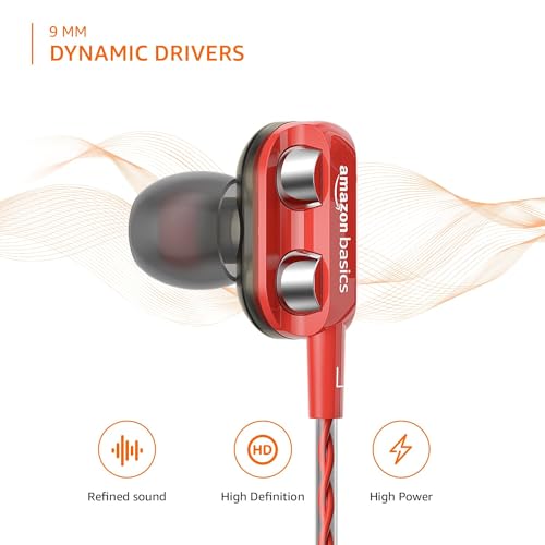 amazon basics in-Ear Wired Earphones with 9 mm Dual Drivers, in-Line Mic, Powerful Bass, Noise Isolation, 3.5 mm Audio Jack (Black and Red) - Image 3