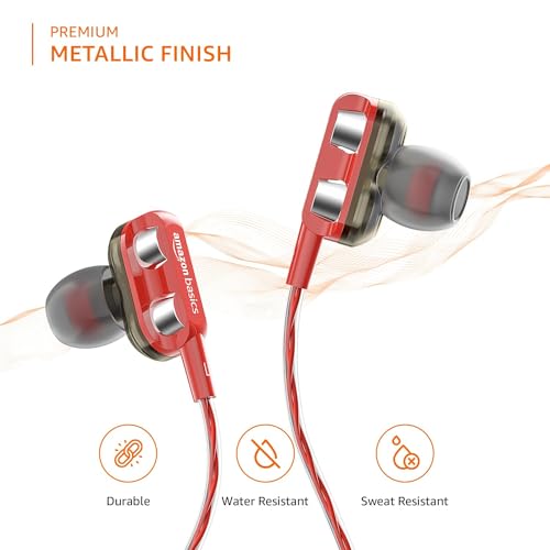 amazon basics in-Ear Wired Earphones with 9 mm Dual Drivers, in-Line Mic, Powerful Bass, Noise Isolation, 3.5 mm Audio Jack (Black and Red) - Image 4