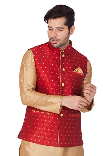 VASTRAMAY VM Mens Silk Blend Nehru Jacket - Timeless Style & Versatility | Jacquard Woven checkered Zari threads Ethnic Sleeveless Coat for Formal & Casual Wear