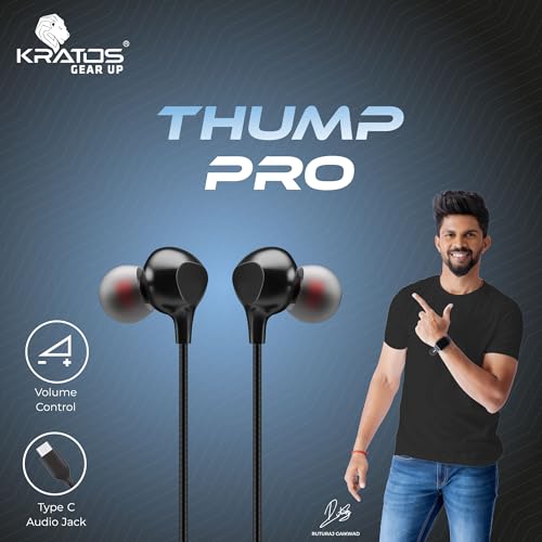 Kratos Thump-Pro Type C Earphone with 13 mm Driver, Tangle Free 1.2 Mtr Nylon Braided Wire, in-Line Volume Controller, Ultra Light C Type Earphones Compatible with Oneplus, Samsung, Oppo, Vivo, Redmi