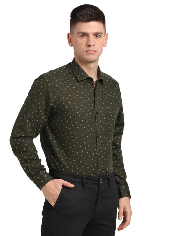Turtle Men Cotton Linen Olive Printed Slim Fit Full Sleeve Formal Shirt - Image 4