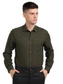 Turtle Men Cotton Linen Olive Printed Slim Fit Full Sleeve Formal Shirt