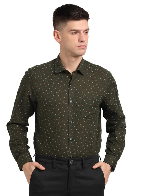 Turtle Men Cotton Linen Olive Printed Slim Fit Full Sleeve Formal Shirt