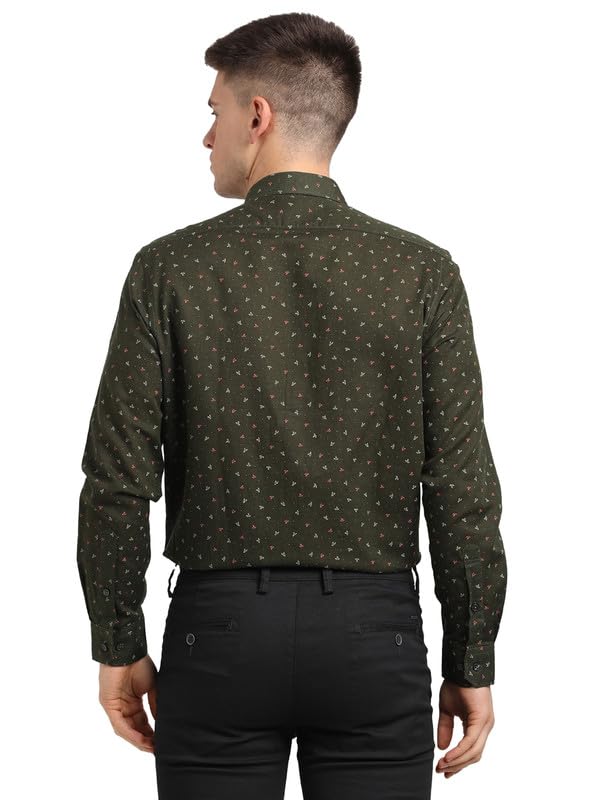 Turtle Men Cotton Linen Olive Printed Slim Fit Full Sleeve Formal Shirt