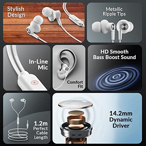 Lava Elements E7 Snug Fit in-Ear Earphone with 14.2 MM Driver, Inline Buttons, Voice Assistant and Highly Durable Wire - White