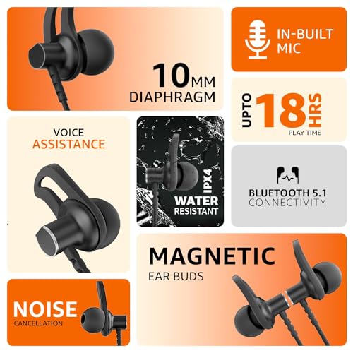 (Refurbished) Amazon Basics in-Ear Wireless Neckband with Mic, Up to 18 Hours Play Time, Bluetooth 5.1, Voice Assistance, Noise Cancellation, IPX4 Water-Resistance, Magnetic Earbuds (Black)