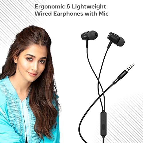 pTron Pride Indie in-Ear Wired Earphones with Mic, Stereo Sound, 10mm Drivers, Snug-fit Design, Passive Noise Cancellation, in-line Controls, Universal 3.5mm Aux & 1.2m Tange-Free Cable (Black)