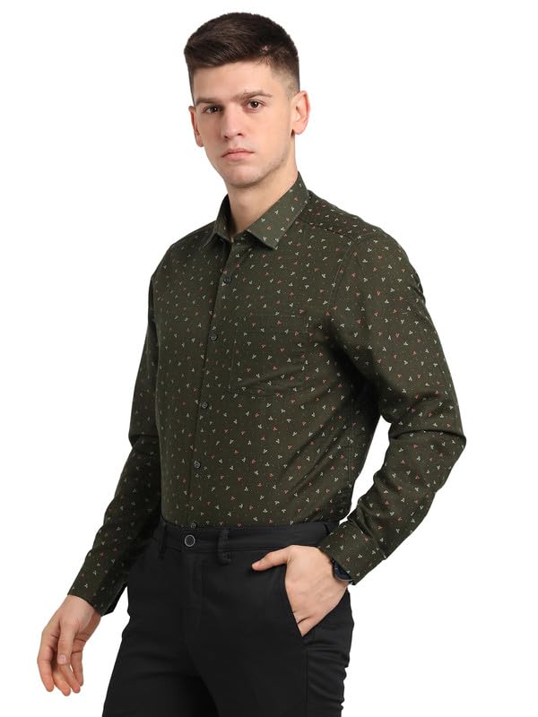Turtle Men Cotton Linen Olive Printed Slim Fit Full Sleeve Formal Shirt - Image 3