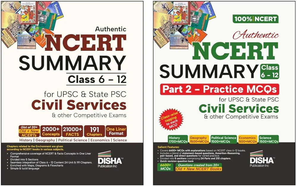 Disha Combo (2 Books) Authentic NCERT Summary (Class 6 to 12) Part 1 & 2 - One Liner Concepts & Practice MCQs for UPSC & State PSC Civil Services & other Exams